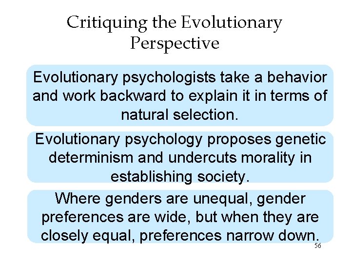 Critiquing the Evolutionary Perspective Evolutionary psychologists take a behavior and work backward to explain