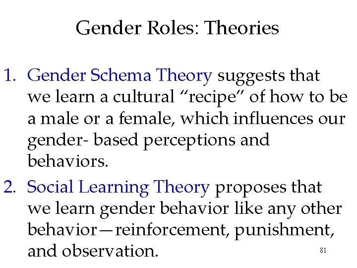 Gender Roles: Theories 1. Gender Schema Theory suggests that we learn a cultural “recipe”