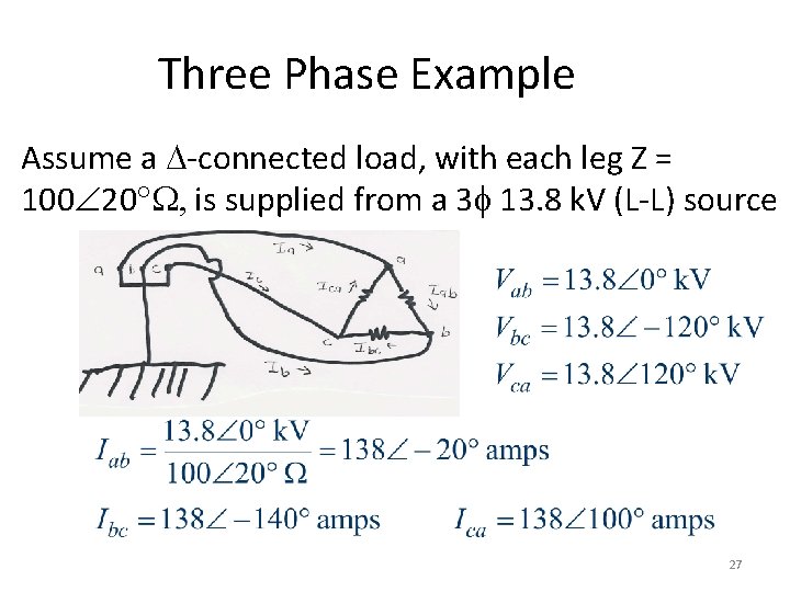 Three Phase Example Assume a -connected load, with each leg Z = 100 20 Three Phase Example Assume a -connected load, with each leg Z = 100 20