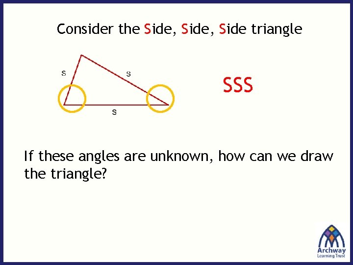 Consider the Side, Side triangle SSS If these angles are unknown, how can we