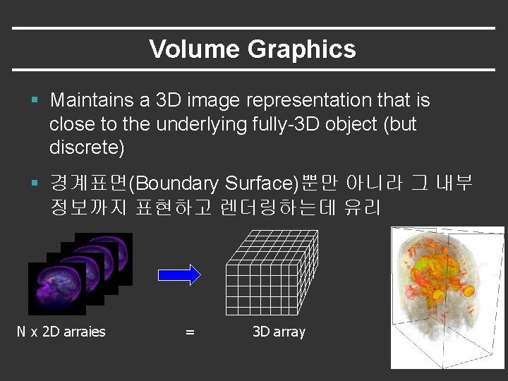 Volume Graphics § Maintains a 3 D image representation that is close to the