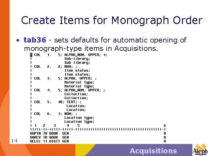 Create Items for Monograph Order • tab 36 - sets defaults for automatic opening