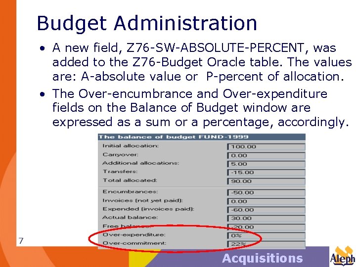 Budget Administration • A new field, Z 76 -SW-ABSOLUTE-PERCENT, was added to the Z