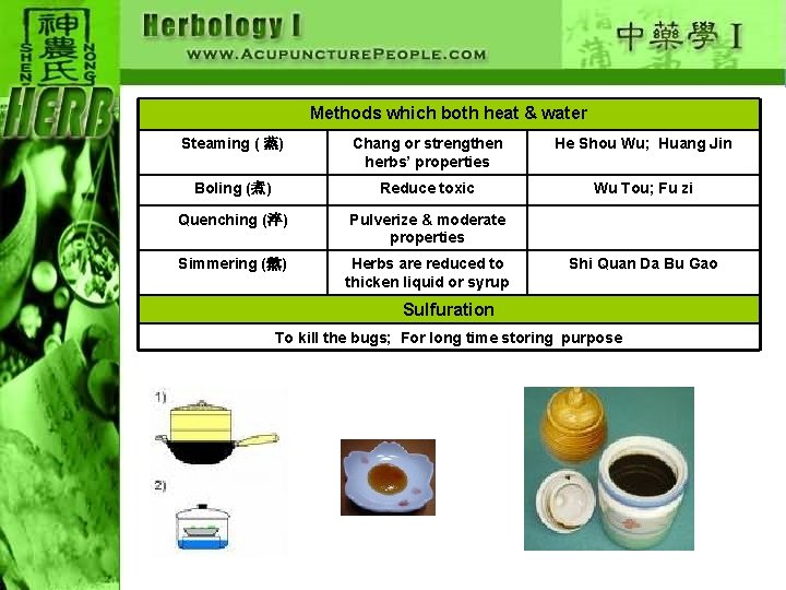 Methods which both heat & water Steaming ( 蒸) Chang or strengthen herbs’ properties