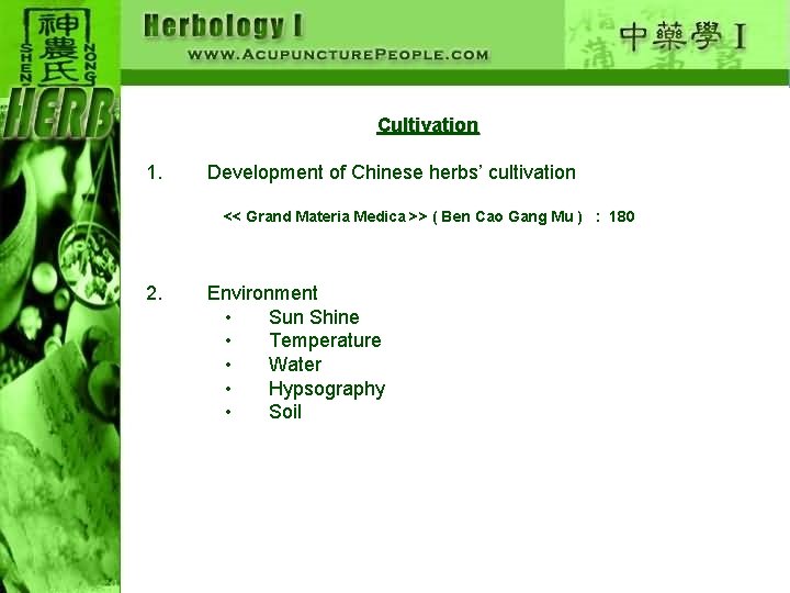 Cultivation 1. Development of Chinese herbs’ cultivation << Grand Materia Medica >> ( Ben