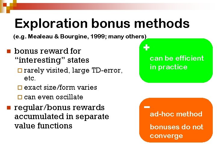 Exploration bonus methods (e. g. Mealeau & Bourgine, 1999; many others) n bonus reward Exploration bonus methods (e. g. Mealeau & Bourgine, 1999; many others) n bonus reward