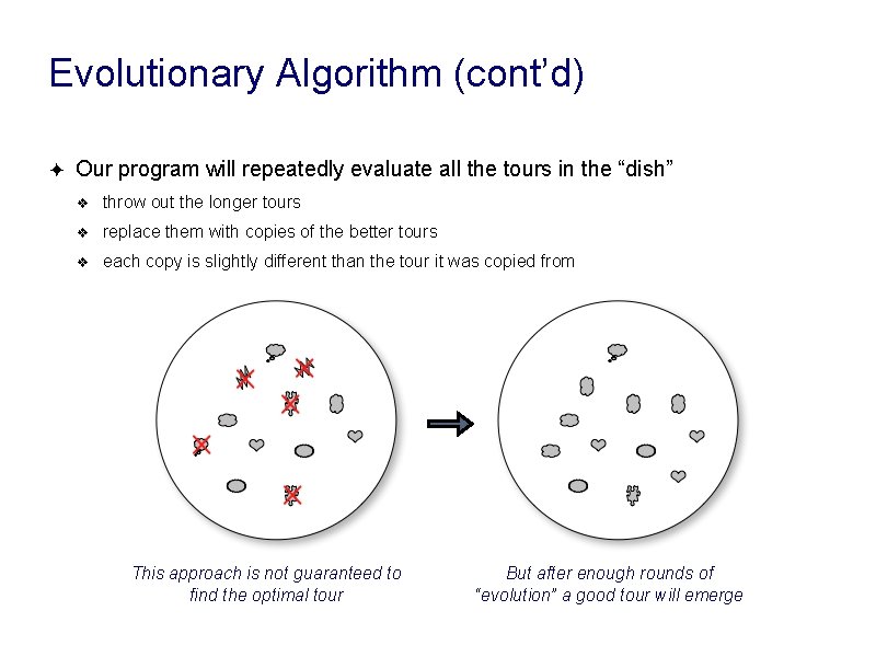 Evolutionary Algorithm (cont’d) ✦ Our program will repeatedly evaluate all the tours in the Evolutionary Algorithm (cont’d) ✦ Our program will repeatedly evaluate all the tours in the