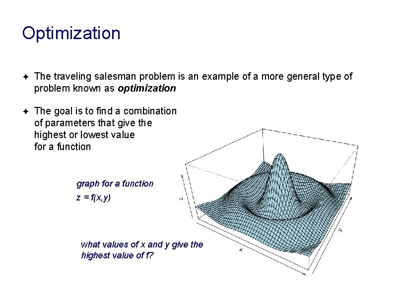 Optimization ✦ The traveling salesman problem is an example of a more general type Optimization ✦ The traveling salesman problem is an example of a more general type