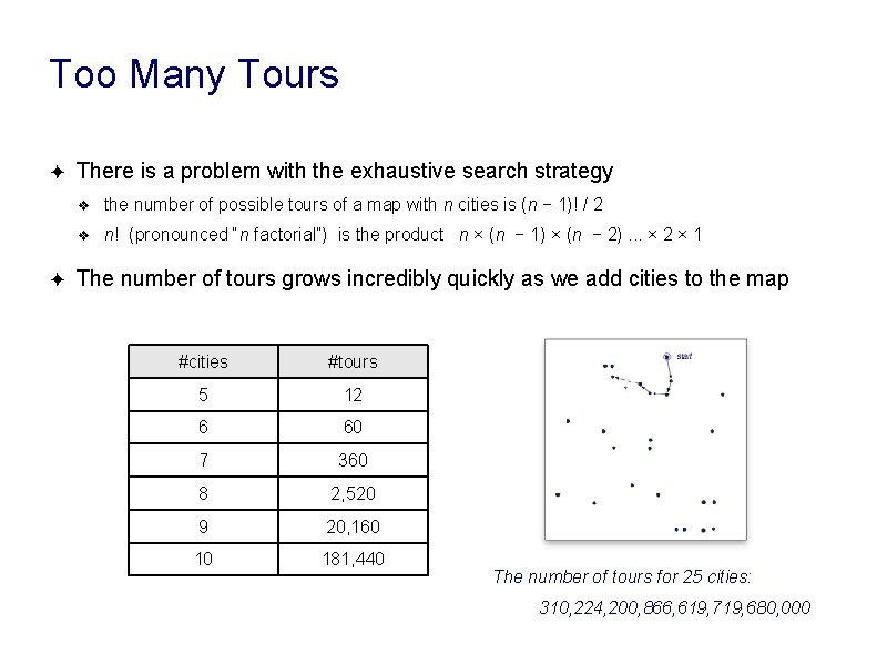 Too Many Tours ✦ ✦ There is a problem with the exhaustive search strategy Too Many Tours ✦ ✦ There is a problem with the exhaustive search strategy