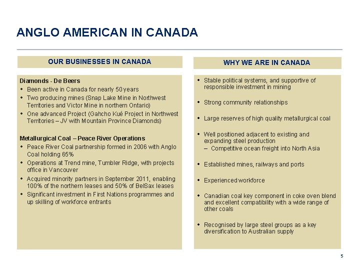 ANGLO AMERICAN IN CANADA OUR BUSINESSES IN CANADA Diamonds - De Beers • Been
