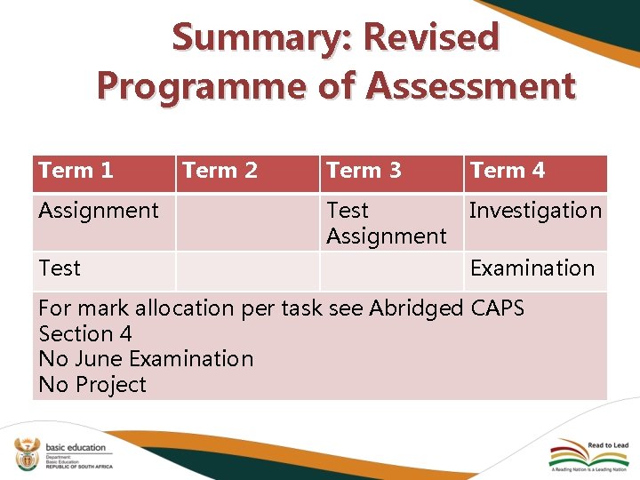 Summary: Revised Programme of Assessment Term 1 Assignment Test Term 2 Term 3 Term
