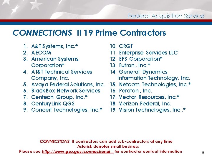 Federal Acquisition Service CONNECTIONS II 19 Prime Contractors 1. A&T Systems, Inc. * 2.