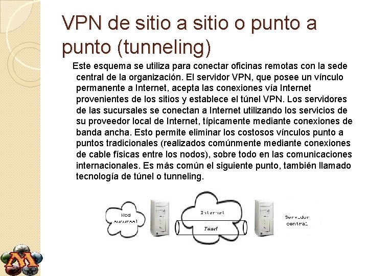 VPN de sitio a sitio o punto a punto (tunneling) Este esquema se utiliza