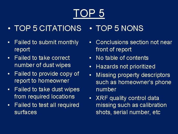 TOP 5 • TOP 5 CITATIONS • TOP 5 NONS • Failed to submit TOP 5 • TOP 5 CITATIONS • TOP 5 NONS • Failed to submit
