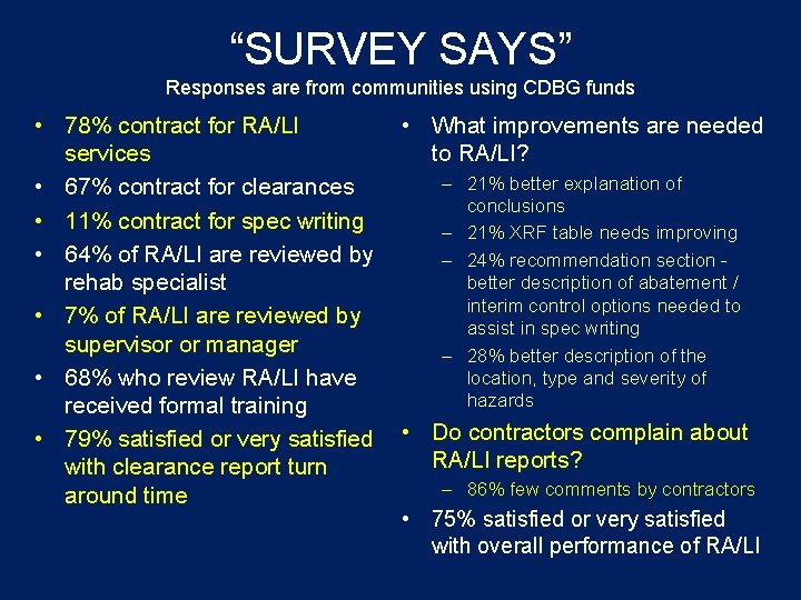 “SURVEY SAYS” Responses are from communities using CDBG funds • 78% contract for RA/LI “SURVEY SAYS” Responses are from communities using CDBG funds • 78% contract for RA/LI