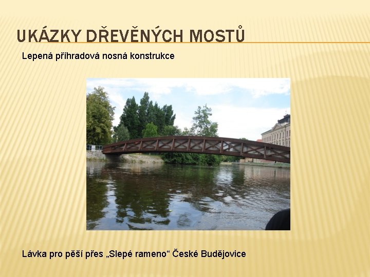 UKÁZKY DŘEVĚNÝCH MOSTŮ Lepená příhradová nosná konstrukce Lávka pro pěší přes „Slepé rameno“ České