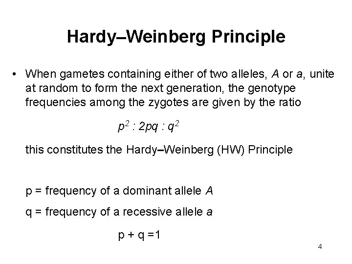 Hardy–Weinberg Principle • When gametes containing either of two alleles, A or a, unite