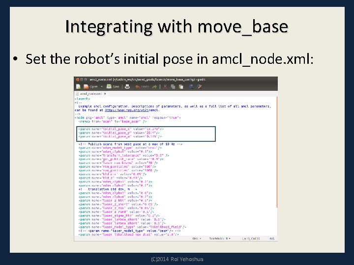 Integrating with move_base • Set the robot’s initial pose in amcl_node. xml: (C)2014 Roi