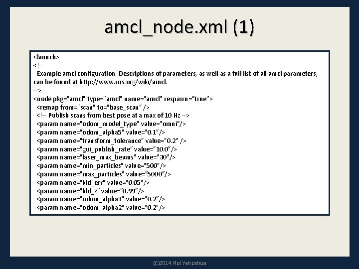 amcl_node. xml (1) <launch> <!-- Example amcl configuration. Descriptions of parameters, as well as