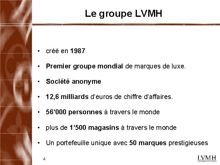 Le groupe LVMH • créé en 1987 • Premier groupe mondial de marques de
