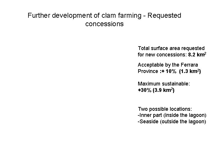 Further development of clam farming - Requested concessions Total surface area requested for new