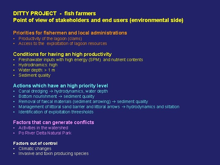 DITTY PROJECT - fish farmers Point of view of stakeholders and end users (environmental