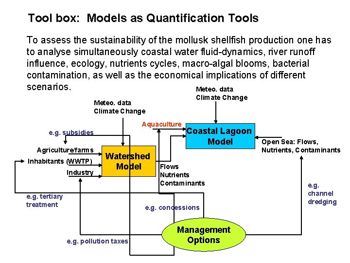 Tool box: Models as Quantification Tools To assess the sustainability of the mollusk shellfish