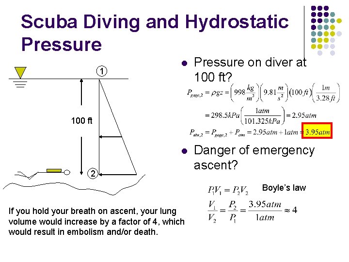 Scuba Diving and Hydrostatic Pressure 1 l Pressure on diver at 100 ft? l