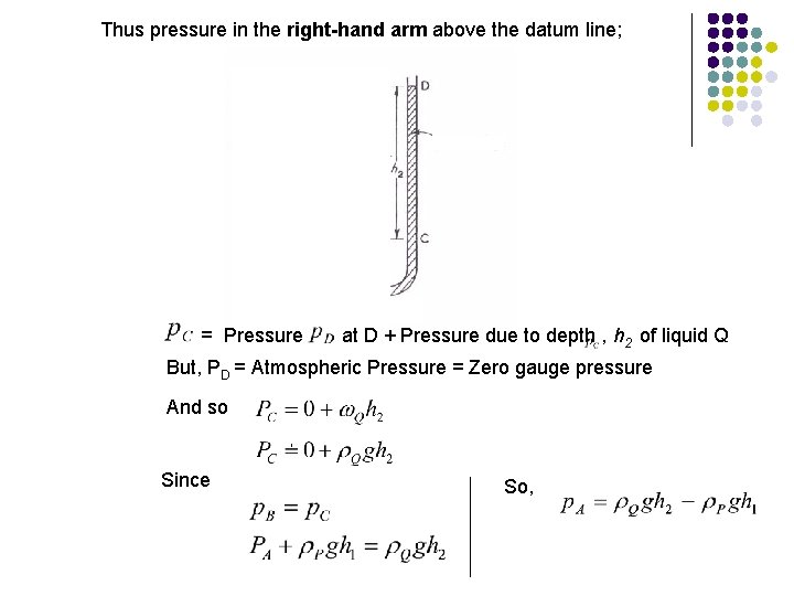 Thus pressure in the right-hand arm above the datum line; = Pressure at D