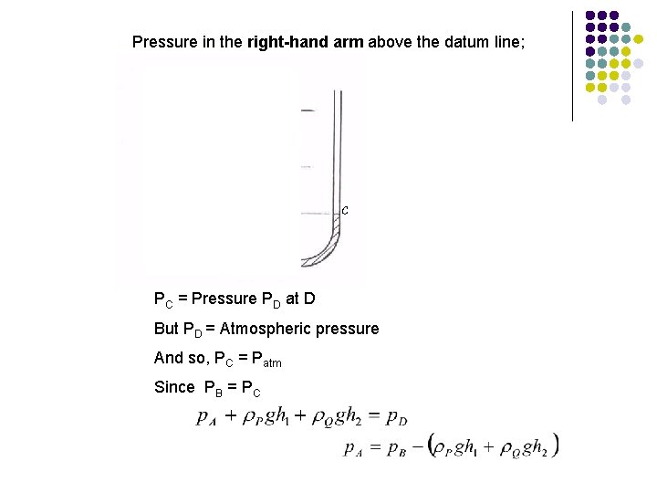 Pressure in the right-hand arm above the datum line; PC = Pressure PD at