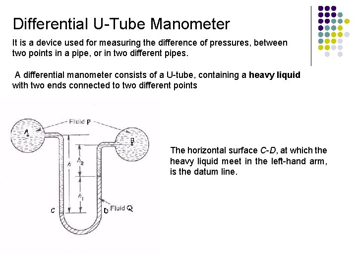 Differential U-Tube Manometer It is a device used for measuring the difference of pressures,