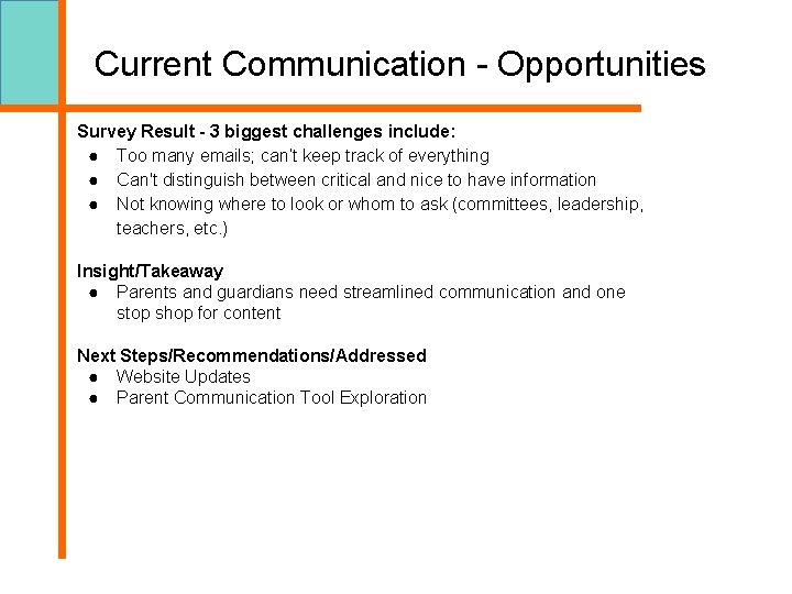 Current Communication - Opportunities Survey Result - 3 biggest challenges include: ● Too many