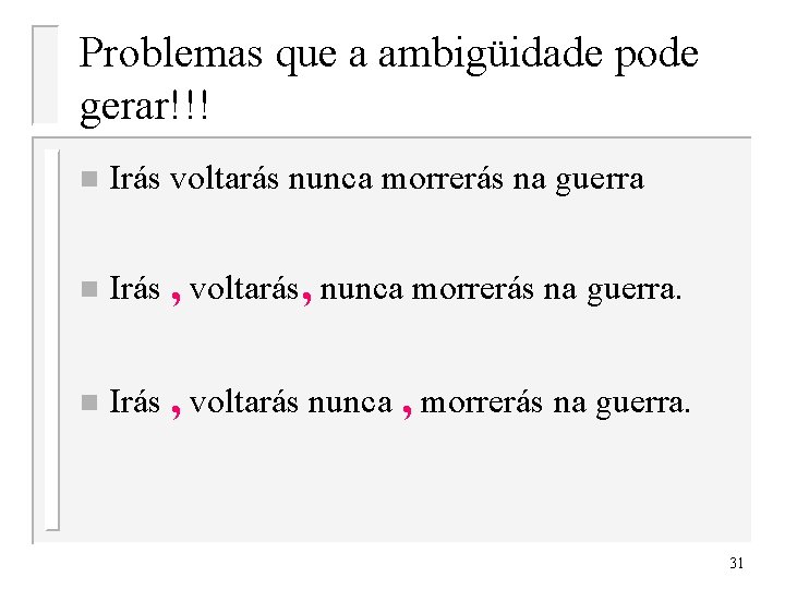 Problemas que a ambigüidade pode gerar!!! n Irás voltarás nunca morrerás na guerra n