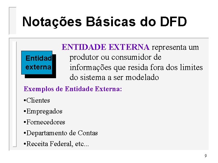 Notações Básicas do DFD ENTIDADE EXTERNA representa um produtor ou consumidor de Entidade externa