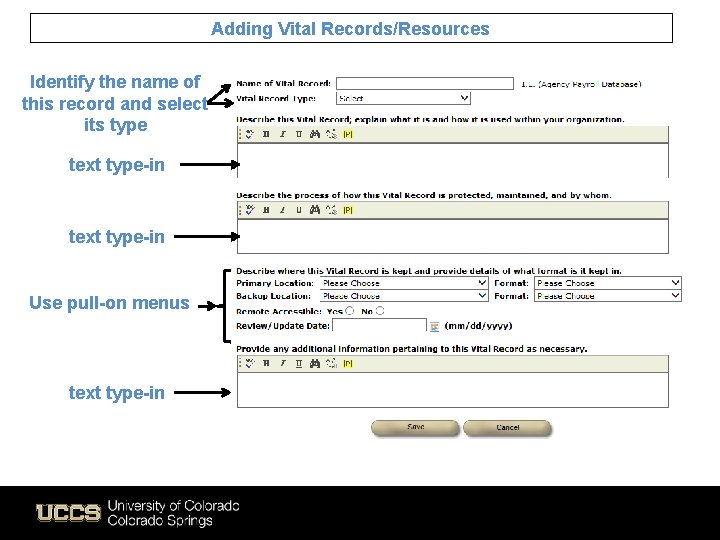 Adding Vital Records/Resources Identify the name of this record and select its type text