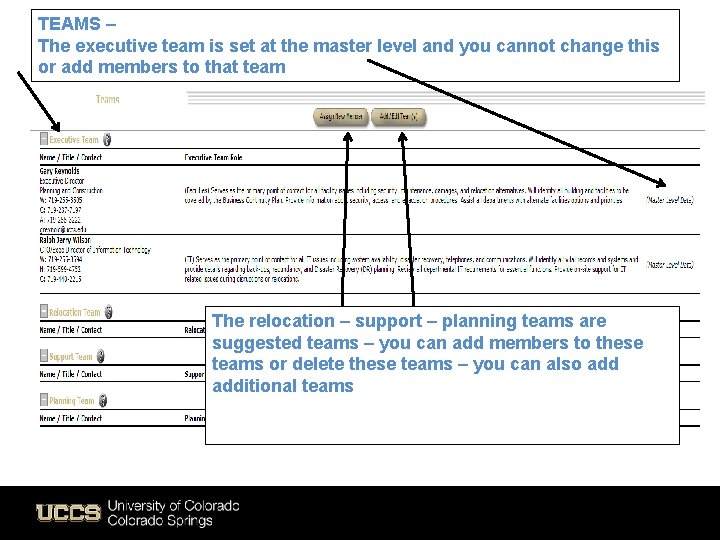 TEAMS – The executive team is set at the master level and you cannot