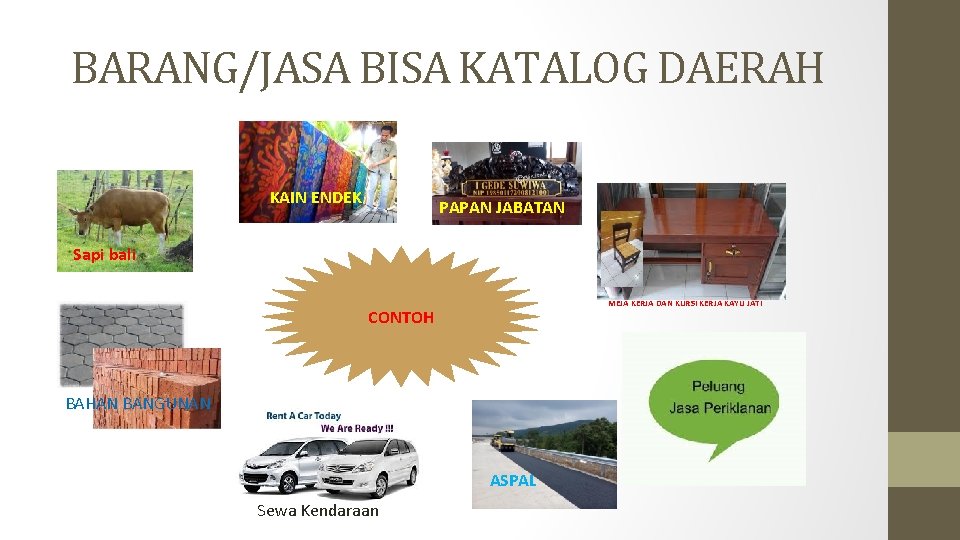 BARANG/JASA BISA KATALOG DAERAH KAIN ENDEK PAPAN JABATAN Sapi bali MEJA KERJA DAN KURSI