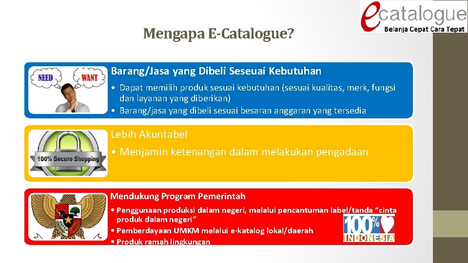 Mengapa E-Catalogue? Barang/Jasa yang Dibeli Seseuai Kebutuhan • Dapat memilih produk sesuai kebutuhan (sesuai