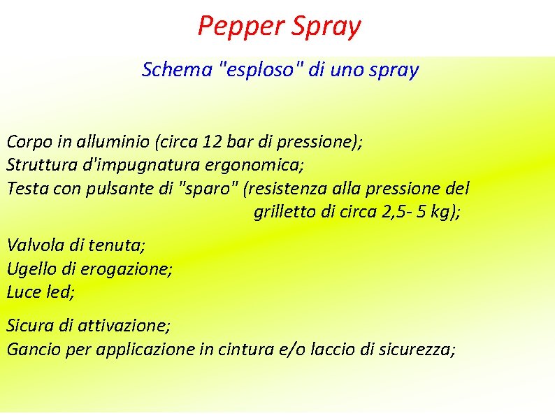 Pepper Spray Schema "esploso" di uno spray Corpo in alluminio (circa 12 bar di