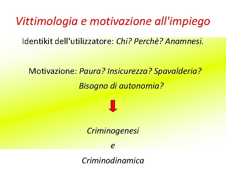 Vittimologia e motivazione all'impiego Identikit dell'utilizzatore: Chi? Perchè? Anamnesi. Motivazione: Paura? Insicurezza? Spavalderia? Bisogno