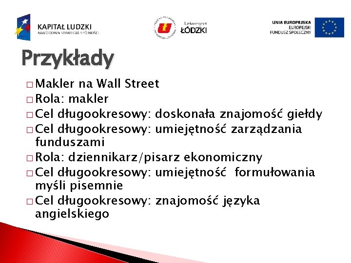 Przykłady � Makler na Wall Street � Rola: makler � Cel długookresowy: doskonała znajomość