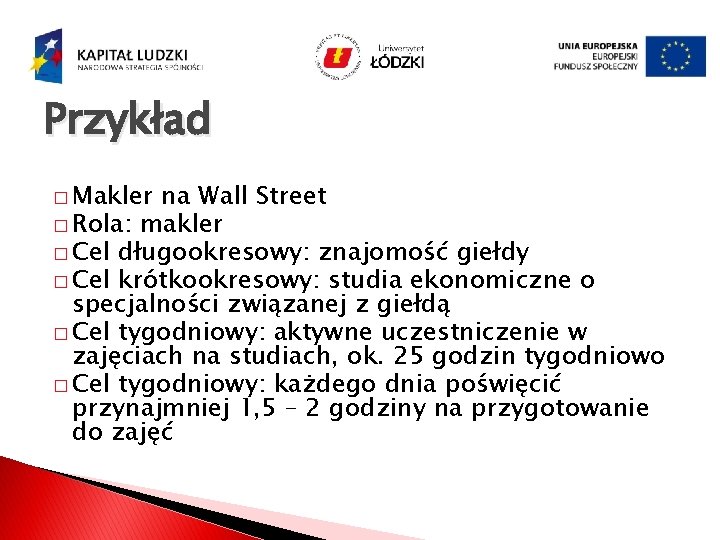 Przykład � Makler na Wall Street � Rola: makler � Cel długookresowy: znajomość giełdy