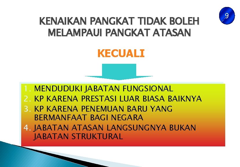 KENAIKAN PANGKAT TIDAK BOLEH MELAMPAUI PANGKAT ATASAN KECUALI 1. MENDUDUKI JABATAN FUNGSIONAL 2. KP