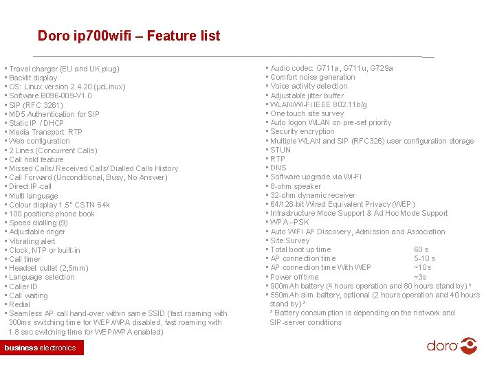 Doro ip 700 wifi – Feature list • Travel charger (EU and UK plug)