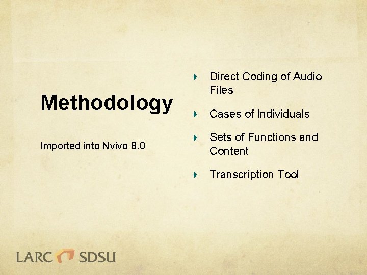 Methodology Imported into Nvivo 8. 0 Direct Coding of Audio Files Cases of Individuals