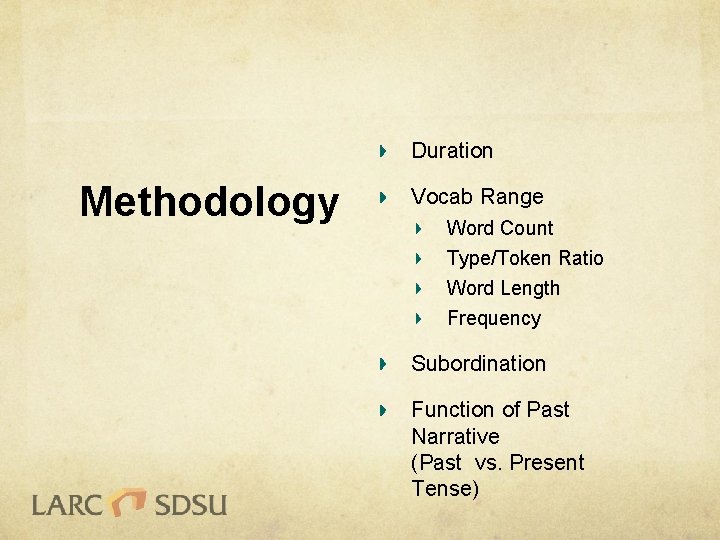 Duration Methodology Vocab Range Word Count Type/Token Ratio Word Length Frequency Subordination Function of