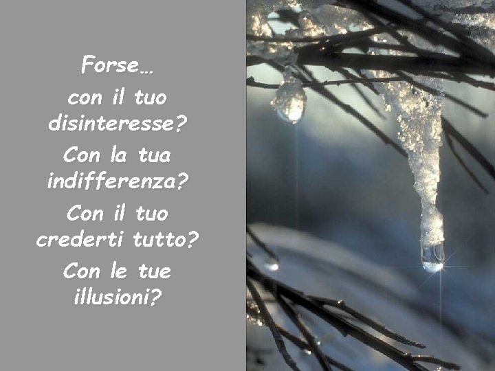 Forse… con il tuo disinteresse? Con la tua indifferenza? Con il tuo crederti tutto?