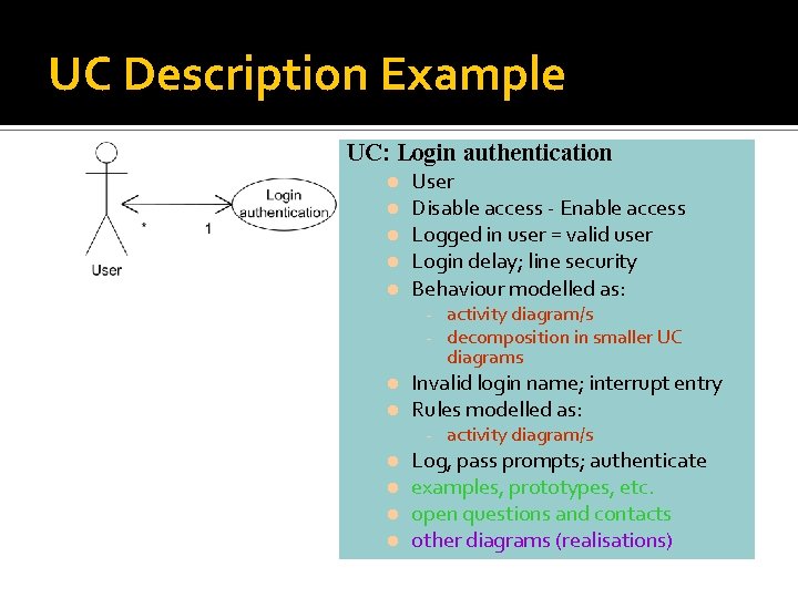 UC Description Example UC: Login authentication User Disable access - Enable access Logged in