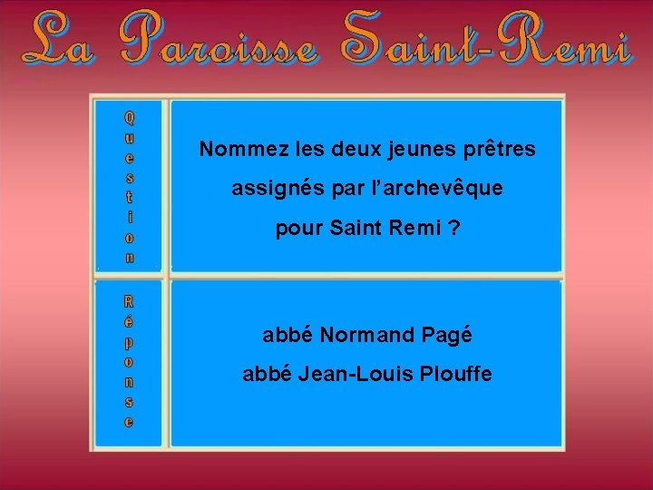 Nommez les deux jeunes prêtres assignés par l’archevêque pour Saint Remi ? abbé Normand Nommez les deux jeunes prêtres assignés par l’archevêque pour Saint Remi ? abbé Normand