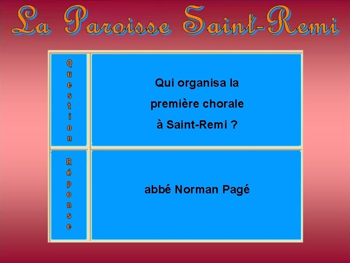 Qui organisa la première chorale à Saint-Remi ? abbé Norman Pagé Qui organisa la première chorale à Saint-Remi ? abbé Norman Pagé